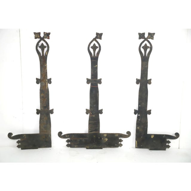 Metal Set of 3 Antique Floral Hand Hammered Iron Door Strap Hinges For Sale - Image 7 of 8