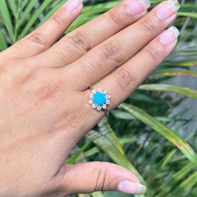 1.25ct Turquoise & Diamond Floral Vintage Cocktail Ring Size 5 in 14k Yellow Gold For Sale - Image 9 of 15