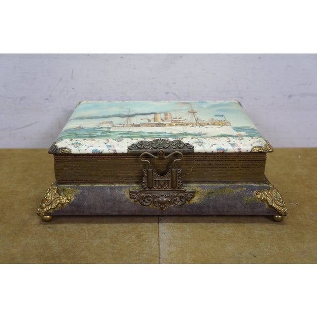 Late 19th Century Antique Victorian Nautical Maritime Uss Maine Ship Photo Album Music Box 13" For Sale - Image 5 of 18
