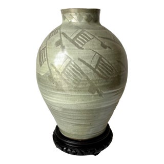 Vintage Chinoiserie Celadon Large Vase-Rosewood Pedestal Stand For Sale