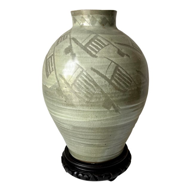 Vintage Chinoiserie Celadon Large Vase-Rosewood Pedestal Stand For Sale
