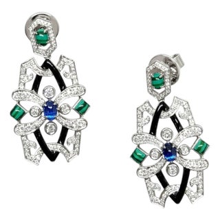 Natural Malachite, Kyanite & Diamond Earring in 18k Gold For Sale