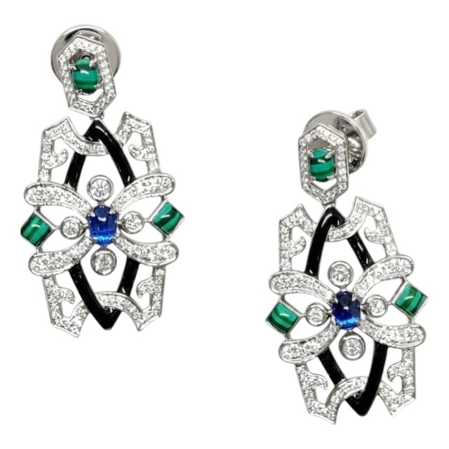 Natural Malachite, Kyanite & Diamond Earring in 18k Gold For Sale