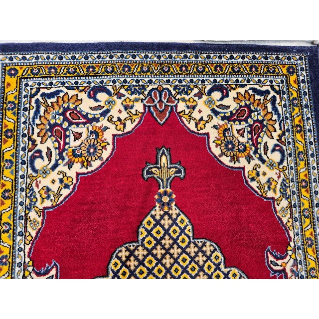 Vintage Persian Qum Area Rug, Hand-Knotted Wool, Geometric Medallion Pattern, 3x5, Red & Navy For Sale - Image 16 of 18