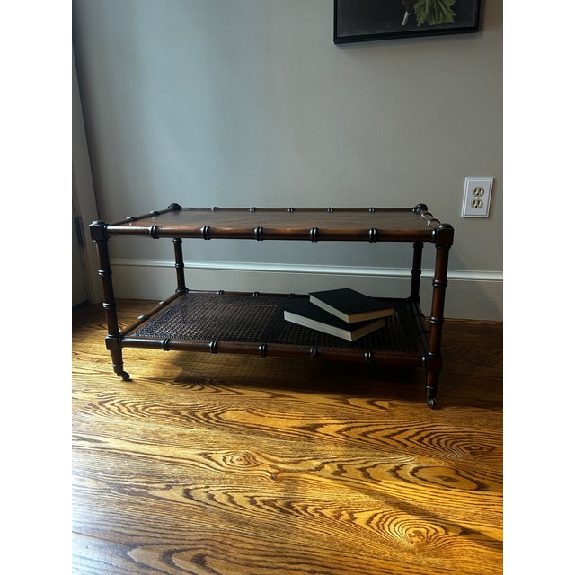 Brown Vintage Mid-Century Faux Bamboo Walnut Coffee Table With Cane Shelf & Casters For Sale - Image 8 of 16