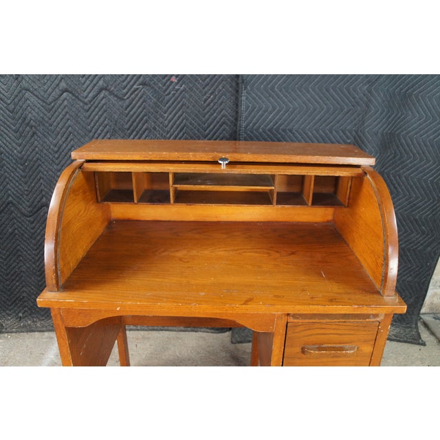Antique Victorian Oak Childs Cylinder Roll Top Library Writing School Desk Table For Sale - Image 9 of 12