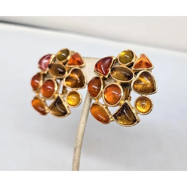 American Vintage 1980s Signed Les Bernard Rhinestone Cabochon Clip Earrings- 2 Pieces For Sale - Image 3 of 7