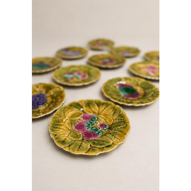 Antique French Majolica Fruit Plates from Sarreguemines, 1890s, Set of 12 For Sale - Image 6 of 9