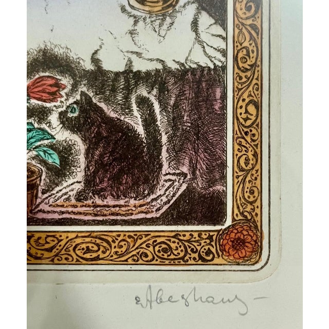 Modern Eugene Abeshaus, Jewish Shtetl Shabbat Candles Russian Judaica Etching w Hand Watercolor Painting, c.1970's For Sale - Image 3 of 6