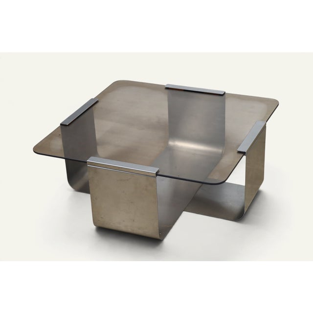 Coffee Table in Brushed Steel and Smoked Glass, 1970s For Sale - Image 11 of 14