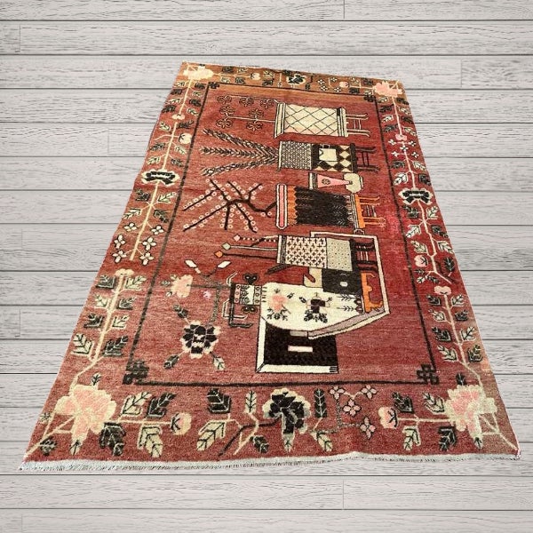 Figurative Antique Khotan Rug 4’6” X 7’10”| Stylized Vase & Flower Design For Sale - Image 3 of 4