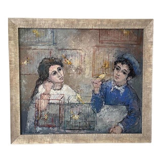 Hilda Rubin Original Oil Painting Boy & Girl With Birds Custom Framed 1950's For Sale