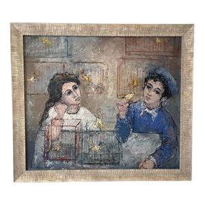 Hilda Rubin Original Oil Painting Boy & Girl With Birds Custom Framed 1950's