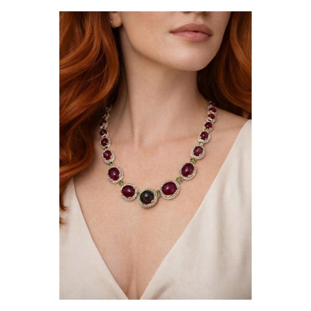 Bochic “Capri” Vintage Natural Ruby, White Topaz & Peridot Necklace Set in 18K Gold & Silver Length: 18 inches Gemstone...