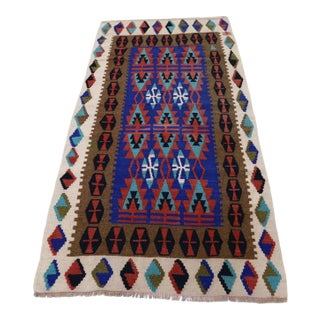 1960s Scandinavian Style Tribal Wool Blue Hand Knotted Kilim Area Rug For Sale