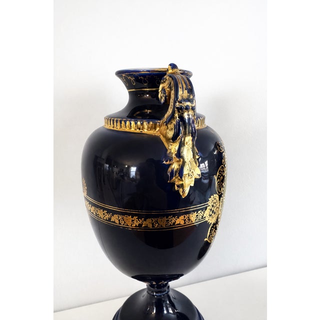 Blue Pair of Antique Vienna Style Cobalt Blue & Gilt Porcelain Pedestal Urns, Circa 1900 For Sale - Image 8 of 13