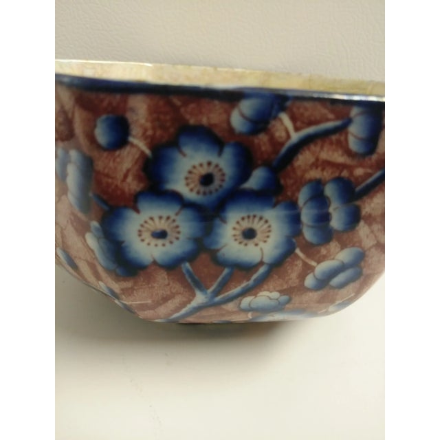 1950's Stoke on Trent Majolica 8-Sided Blue Floral Lusterware Bowl For Sale - Image 4 of 7