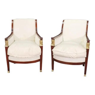 Pair of Antique Empire Mahogany & Gilt Bronze Bergere Chairs For Sale