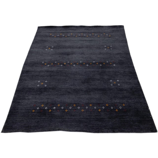 Contemporary Modern Gabbeh Style Handmade Charcoal Wool Rug With Minimalist Design For Sale - Image 3 of 7