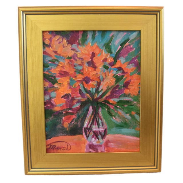 2020s Impressionist Abstract Orange Floral Bouquet Painting Including the Antiqued Gold Wood Frame For Sale - Image 5 of 5