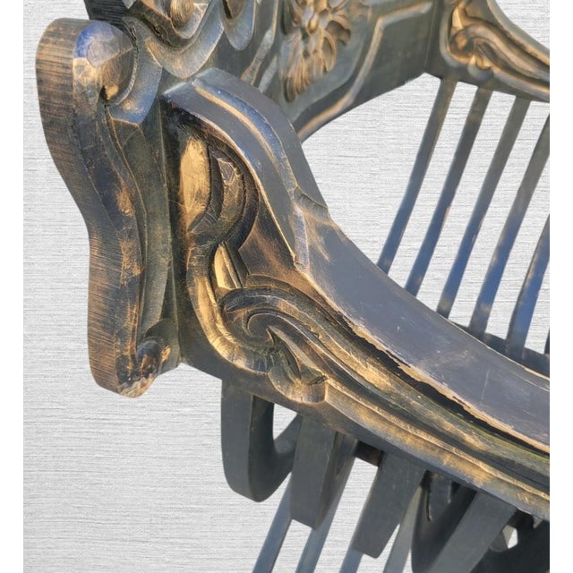 Vintage Black Gold Savonarola Carved Wood Renaissance Style Decorative Side Chair For Sale - Image 4 of 10