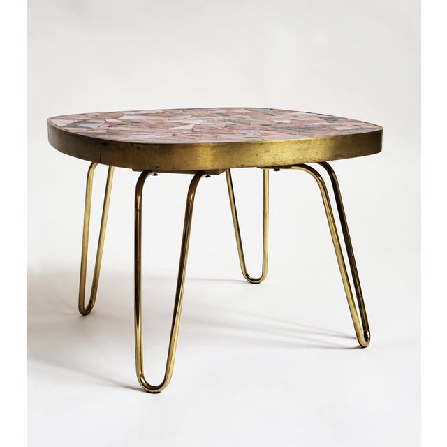 Red Mid-Century Modern Mosaic and Brass Side Table with Hair Pin Legs from Ilse Möbel, 1950s For Sale - Image 8 of 13