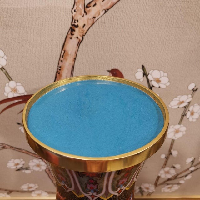 Black Vintage Chinese Cloisonné Meiping Vase | Black Ground Phoenix & Peony Motif With Stand For Sale - Image 8 of 9