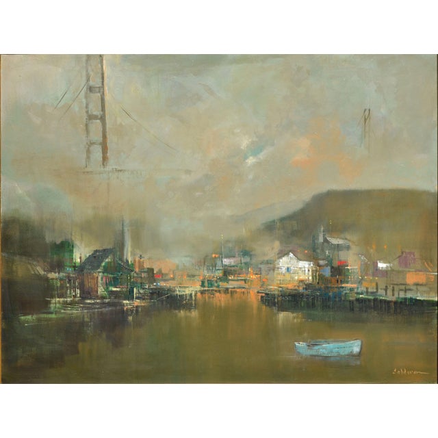 Gorgeous Sausalito and the Golden Gate Bridge landscape oil painting by Calderon (Spain, 20th Century). Presented in a...