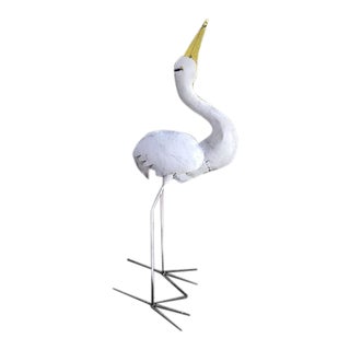 Vintage Mid-Century Mod Iron Heron White Coastal Egret Yard Statue For Sale