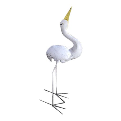 Vintage Mid-Century Mod Iron Heron White Coastal Egret Yard Statue For Sale