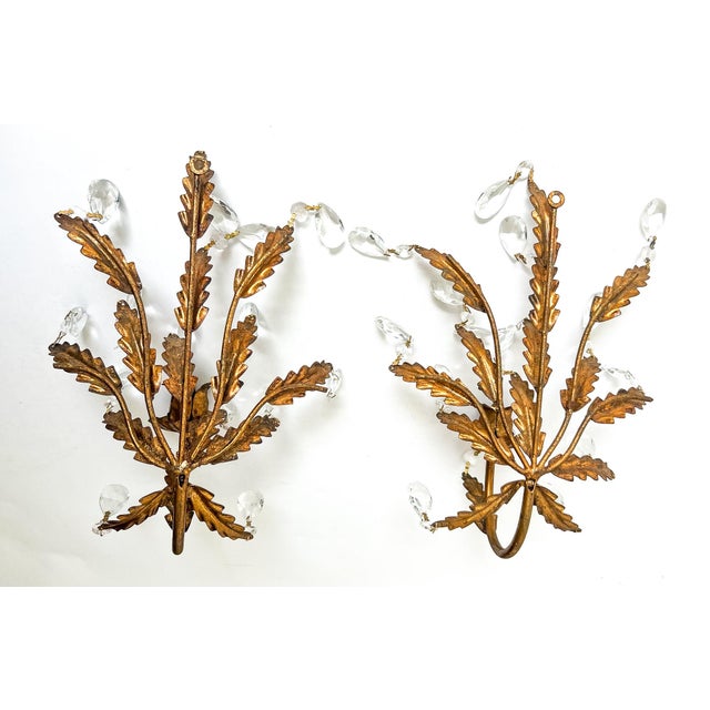 Gold Mid Century Italian Gold Gilt Tole & Crystal Wall Sconces — Hollywood Regency / Italian Florentine Style For Sale - Image 8 of 11