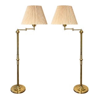 Vintage Alsy Brass-Finish Swing-Arm Floor Lamps With Pleated Shades - Pair For Sale