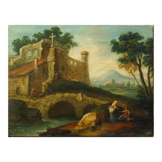 Fluvial Landscape with Bystanders - Italian School of Venice - 18th century 18th century For Sale