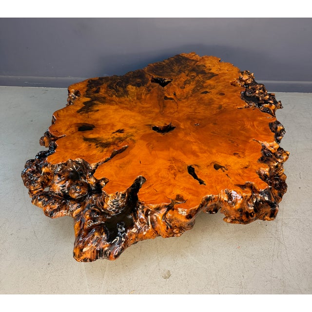 Wood Vintage 1970s California Redwood Burl Live Edge Coffee Table on Redwood Stump Base For Sale - Image 7 of 15