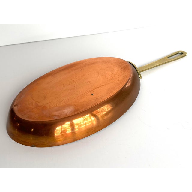 French Antique French Copper Oval Sauce Pan With Brass Handle For Sale - Image 3 of 5