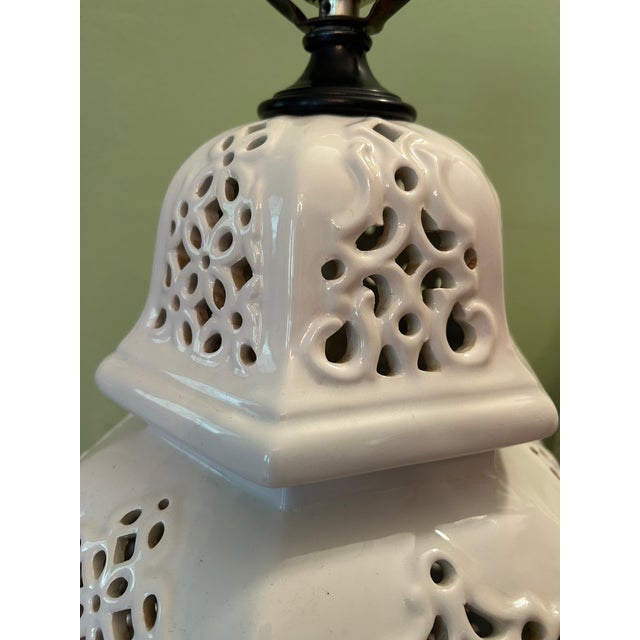 1970’s Chinoiserie Pierced Porcelain Blanc De Chine Temple Jar Table Lamps - A Pair For Sale In New Orleans - Image 6 of 12