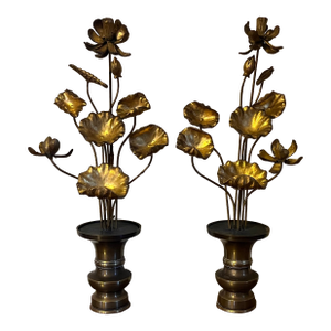 Antique 19th Century Japanese Buddhist Meiji Period Carved Gilt Wood Altar Lotus Flowers in Bronze Urns - A Pair