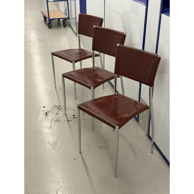 Metal Vintage Ginger Cognac Leather and Chrome Dining Chairs from Fasem, Italy, 1980s, Set of 3 For Sale - Image 7 of 12
