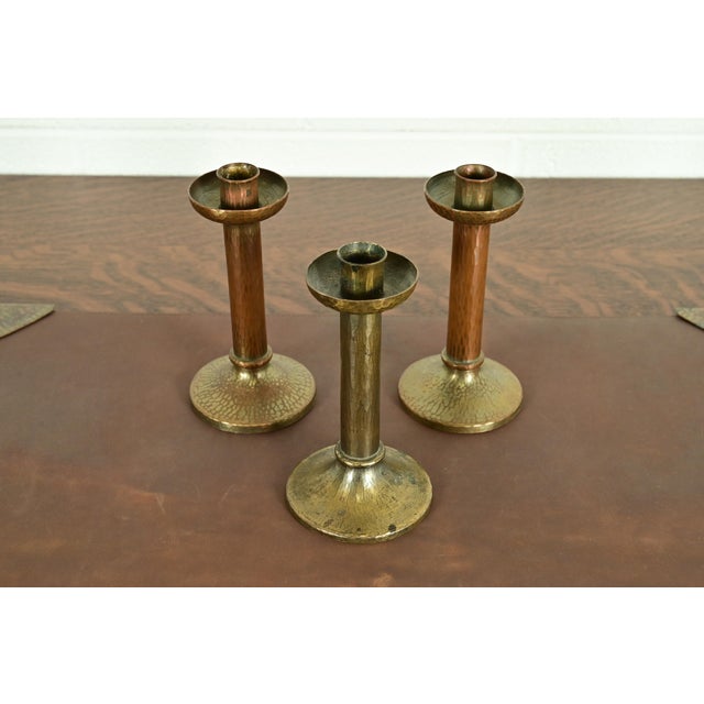 Brass Roycroft Arts & Crafts Brass Finished Hammered Copper Candlesticks, Set of Three For Sale - Image 8 of 8