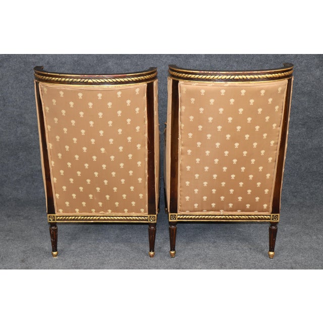 French Pair Louis XVI Style Carved With Gilt Accent Wing Back Bergère Chairs For Sale - Image 3 of 15