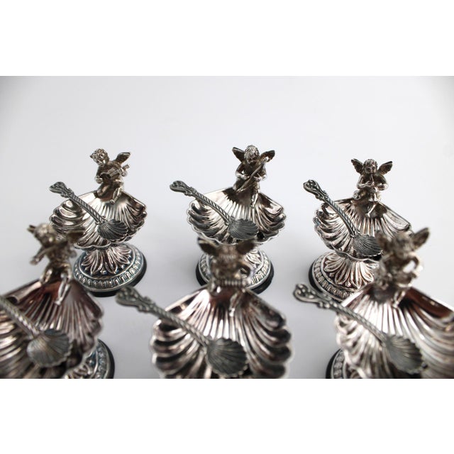 Renaissance 1970s Pedro Duran Silver Cherub Putto Salt Cellars & Spoons, Spain Set of 6 - 12 pcs For Sale - Image 3 of 6