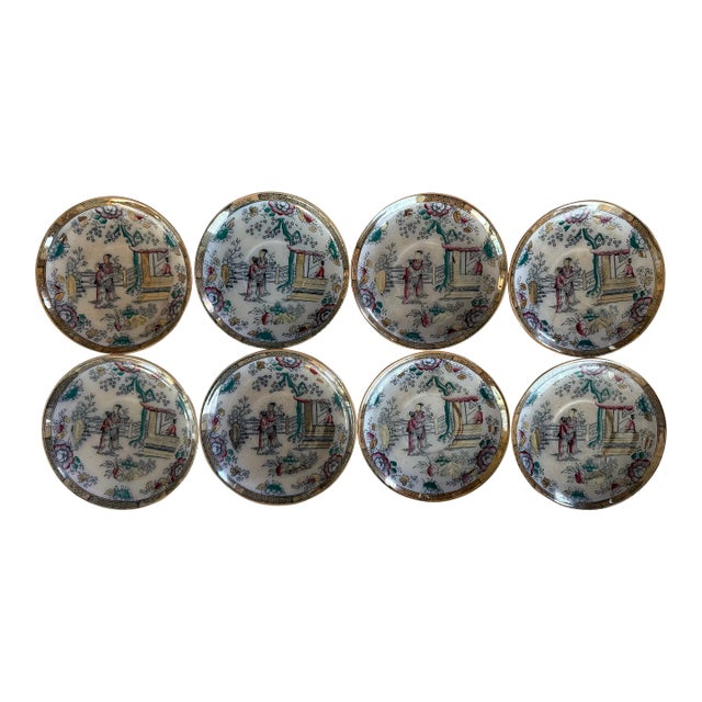 Antique Tea House Pattern Small Polychrome Plates - Set of 8 For Sale
