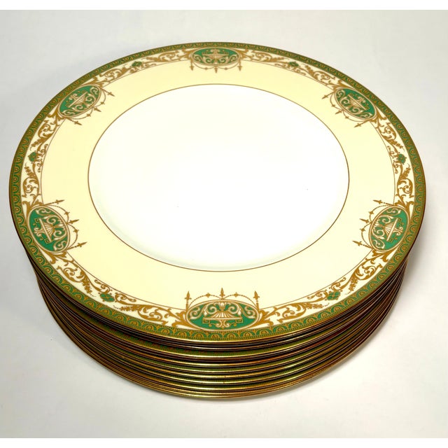 Neoclassical Antique English Green & Embossed Gilt Dinner Plates, Neo Classical Motif - Set of 12 For Sale - Image 3 of 9