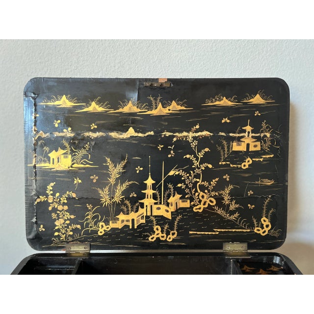Antique 19th Century Chinese Export English Chinoiserie Black Laquered Sewing Table, Work Table For Sale - Image 10 of 12