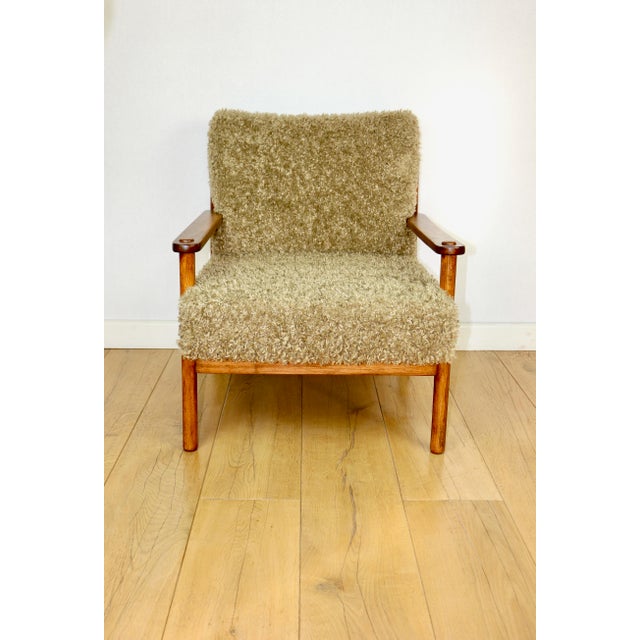 Vintage Wood Lounge Chair with Olive Green Long Pile Upholstery, 1970 For Sale - Image 13 of 13