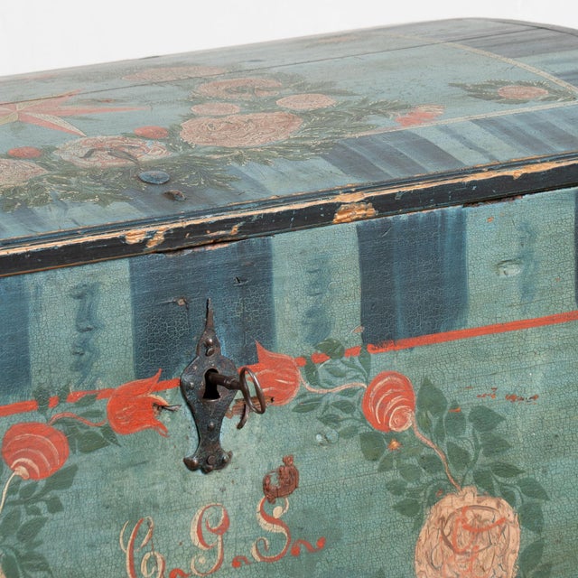 Original Hand Painted Blue Swedish Dome Top Pine Trunk Dated 1852 For Sale - Image 13 of 18