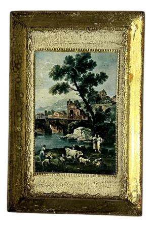 Mid Century Italian Florentine Wall Plaque Farm Life Watching Cattle
