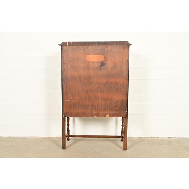 Berkey & Gay Style Antique English Jacobean Carved Walnut and Burl Wood Bookcase or Bar Cabinet, Circa 1920s For Sale - Image 12 of 13