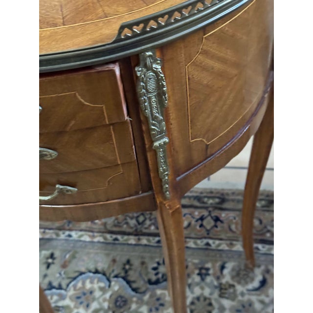 Wood Pair of Vintage Louis XV Style Demilune Nightstands French Inlaid 3 Drawer Tables For Sale - Image 7 of 17