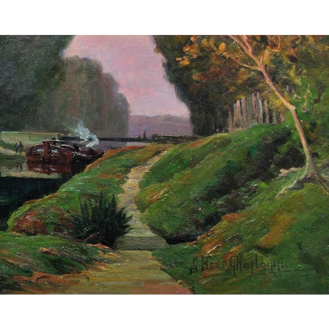 Claudia Bret-Charbonnier, A Barge Carrying Barrels of Wine on the Canal du Midi, 1920s, Oil on Canvas, Framed For Sale - Image 9 of 18